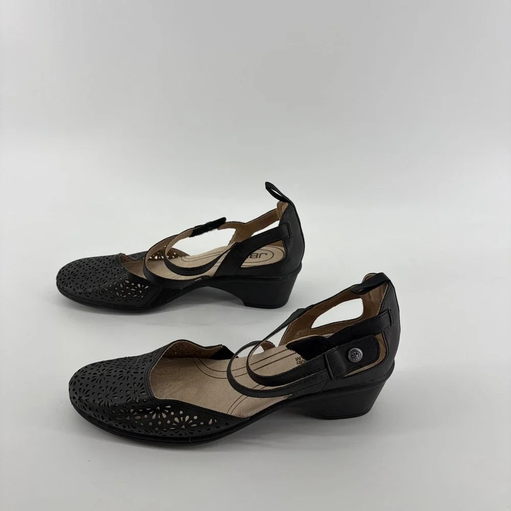 JBU Womens 9.5W Black Bethany Wide Mary Jane Floral Laser Cut Wedge Sandals